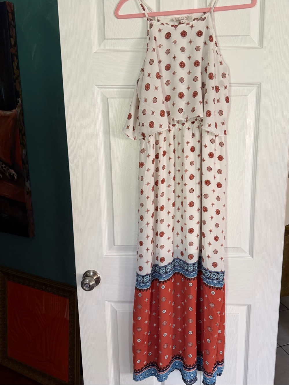Pink Rose Cream Maxi Dress with Rust Paisley Print and Blue Border